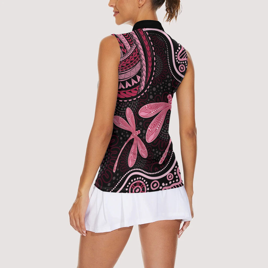 Australia Indigenous Mix Polynesian Women Sleeveless Polo Shirt Pink Ribbon and Dragonflies