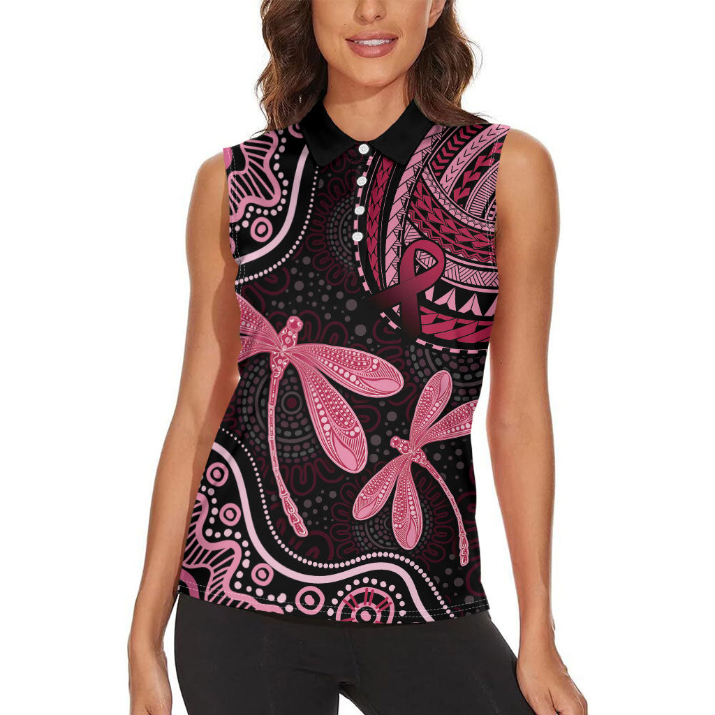 Australia Indigenous Mix Polynesian Women Sleeveless Polo Shirt Pink Ribbon and Dragonflies