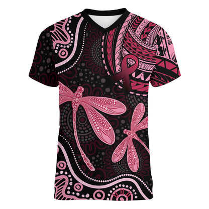 Australia Indigenous Mix Polynesian Women V-Neck T-Shirt Pink Ribbon and Dragonflies