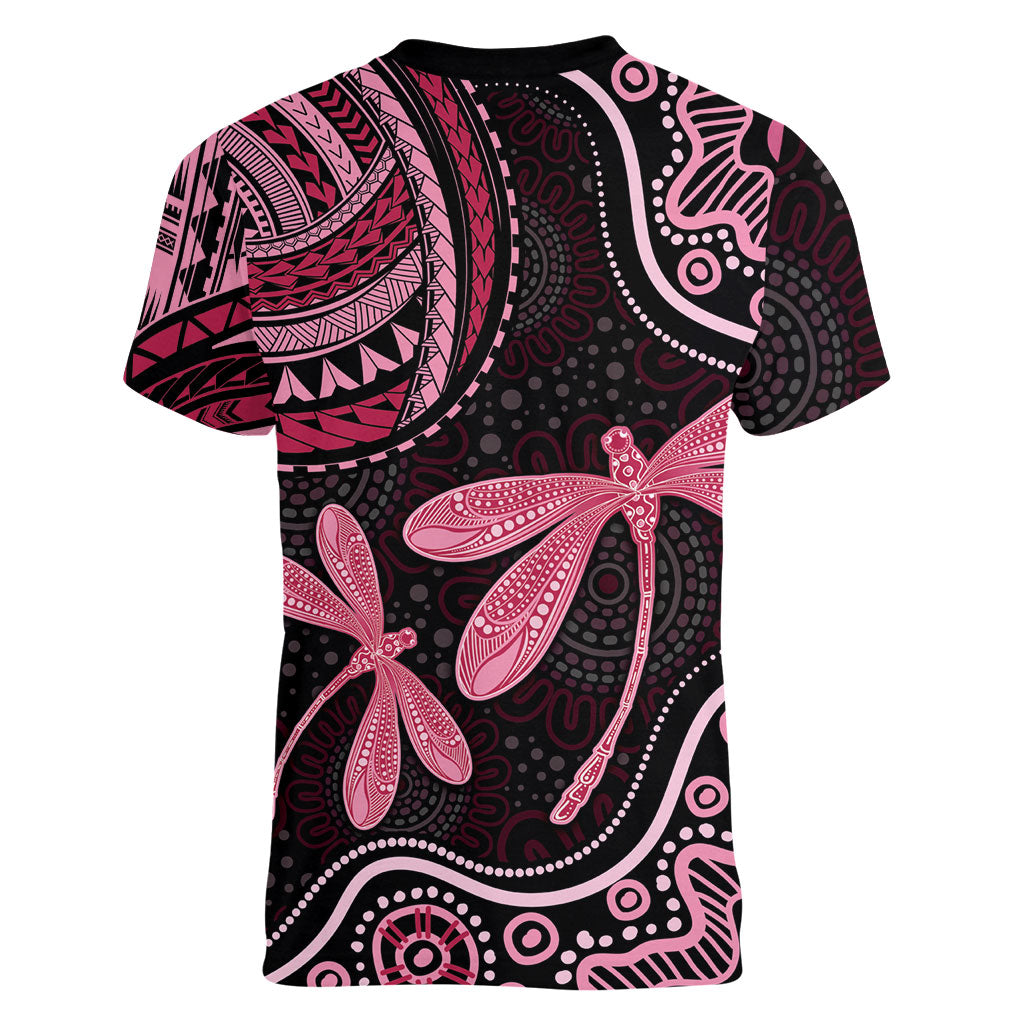 Australia Indigenous Mix Polynesian Women V-Neck T-Shirt Pink Ribbon and Dragonflies