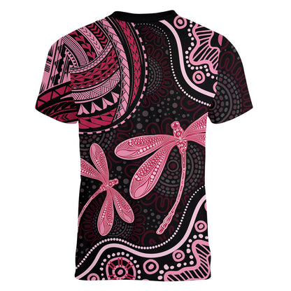 Australia Indigenous Mix Polynesian Women V-Neck T-Shirt Pink Ribbon and Dragonflies