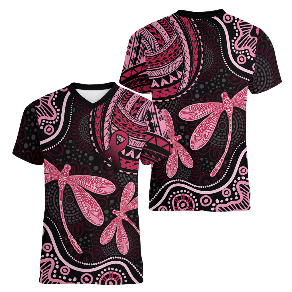 Australia Indigenous Mix Polynesian Women V-Neck T-Shirt Pink Ribbon and Dragonflies