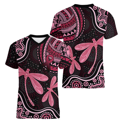 Australia Indigenous Mix Polynesian Women V-Neck T-Shirt Pink Ribbon and Dragonflies