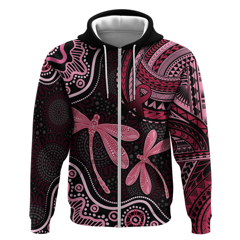 Australia Indigenous Mix Polynesian Zip Hoodie Pink Ribbon and Dragonflies