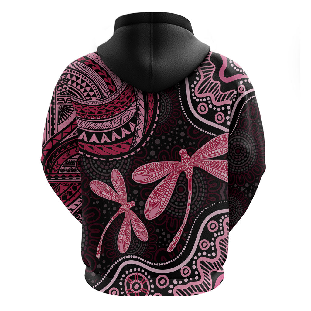 Australia Indigenous Mix Polynesian Zip Hoodie Pink Ribbon and Dragonflies