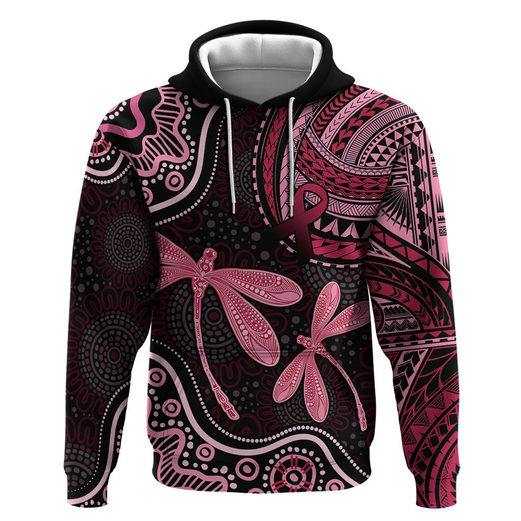 Australia Indigenous Mix Polynesian Zip Hoodie Pink Ribbon and Dragonflies