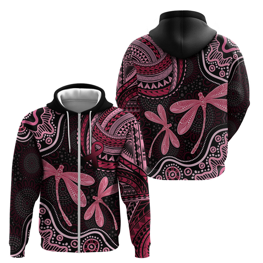 Australia Indigenous Mix Polynesian Zip Hoodie Pink Ribbon and Dragonflies