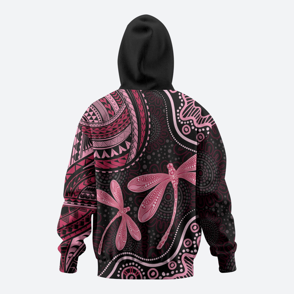 Australia Indigenous Mix Polynesian Zip Hoodie Pink Ribbon and Dragonflies