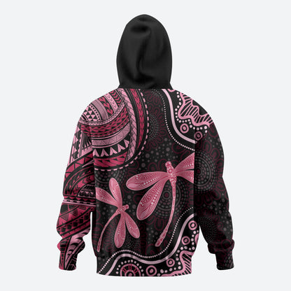 Australia Indigenous Mix Polynesian Zip Hoodie Pink Ribbon and Dragonflies