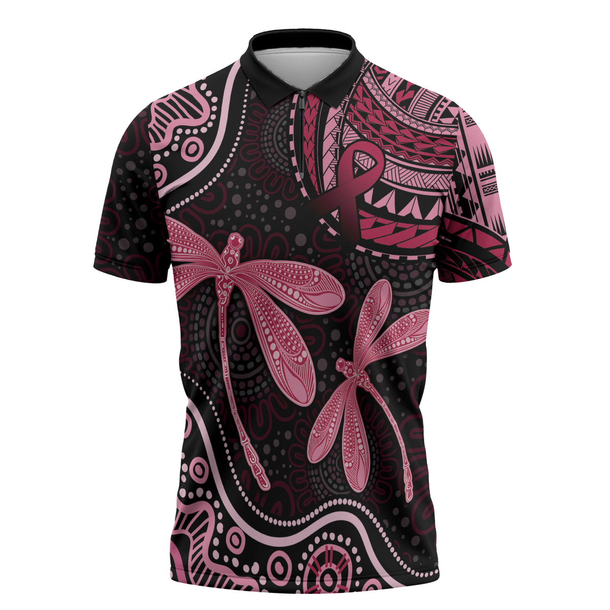 Australia Indigenous Mix Polynesian Zipper Polo Shirt Pink Ribbon and Dragonflies