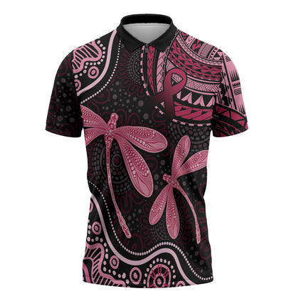 Australia Indigenous Mix Polynesian Zipper Polo Shirt Pink Ribbon and Dragonflies