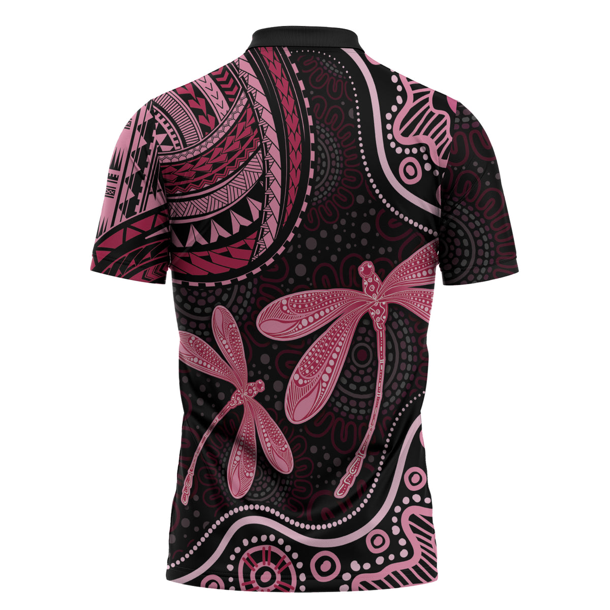 Australia Indigenous Mix Polynesian Zipper Polo Shirt Pink Ribbon and Dragonflies