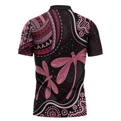 Australia Indigenous Mix Polynesian Zipper Polo Shirt Pink Ribbon and Dragonflies