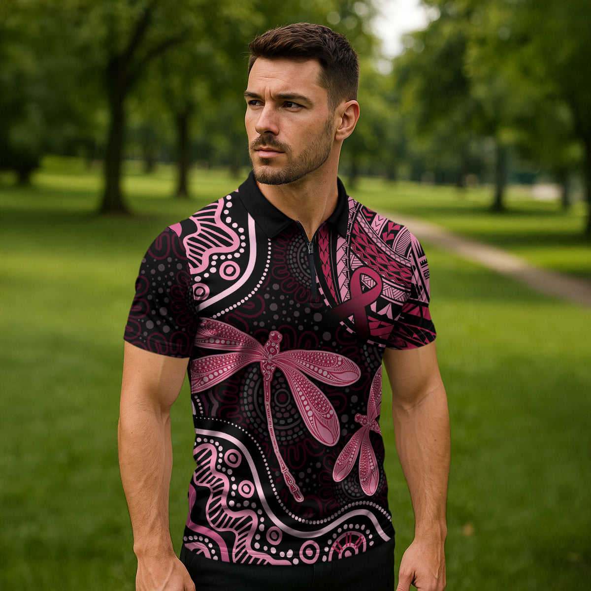 Australia Indigenous Mix Polynesian Zipper Polo Shirt Pink Ribbon and Dragonflies