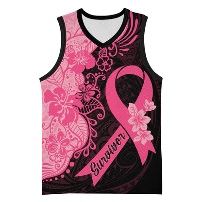 Polynesian Basketball Jersey Plumeria Breast Cancer Survivor Ribbon Pink