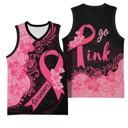 Polynesian Basketball Jersey Plumeria Breast Cancer Survivor Ribbon Pink