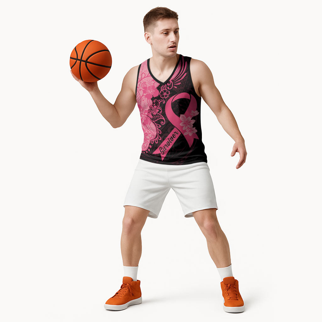 Polynesian Basketball Jersey Plumeria Breast Cancer Survivor Ribbon Pink