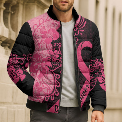 Polynesian Bomber Puffer Jacket Plumeria Breast Cancer Survivor Ribbon Pink