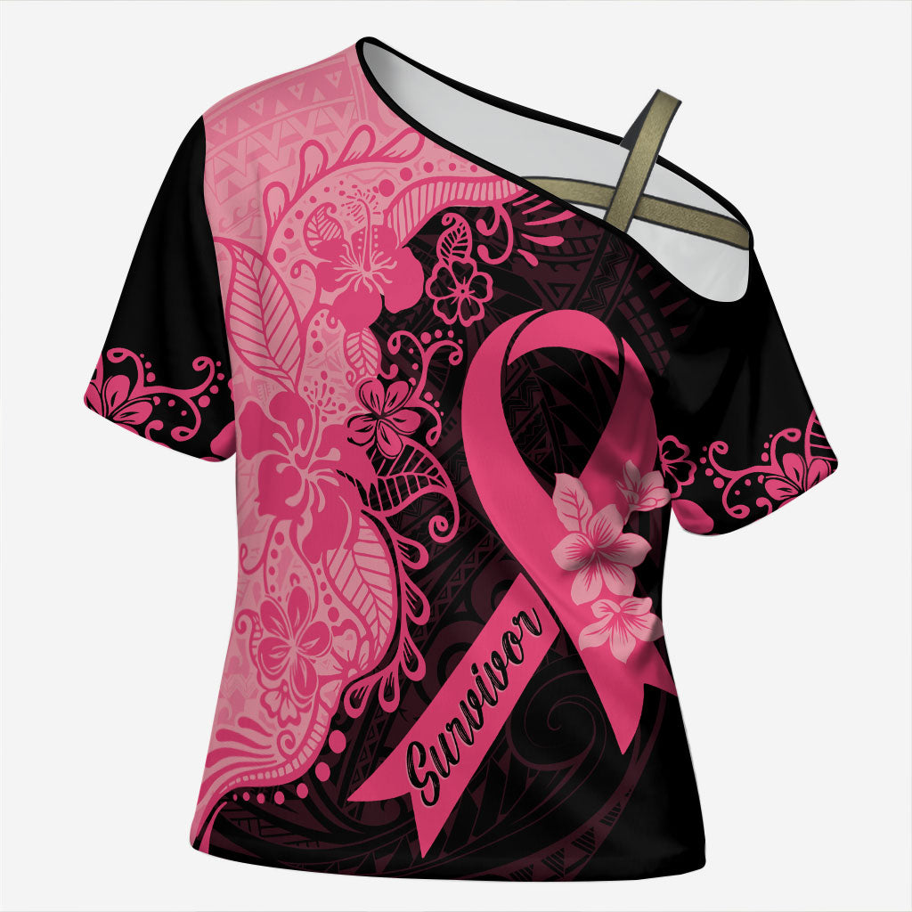 Polynesian Cross Shoulder Shirt Plumeria Breast Cancer Survivor Ribbon Pink