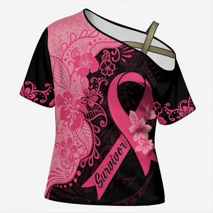 Polynesian Cross Shoulder Shirt Plumeria Breast Cancer Survivor Ribbon Pink