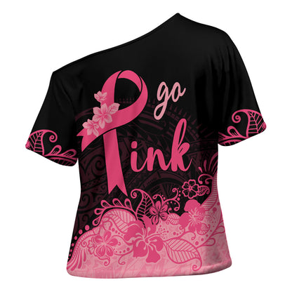 Polynesian Cross Shoulder Shirt Plumeria Breast Cancer Survivor Ribbon Pink
