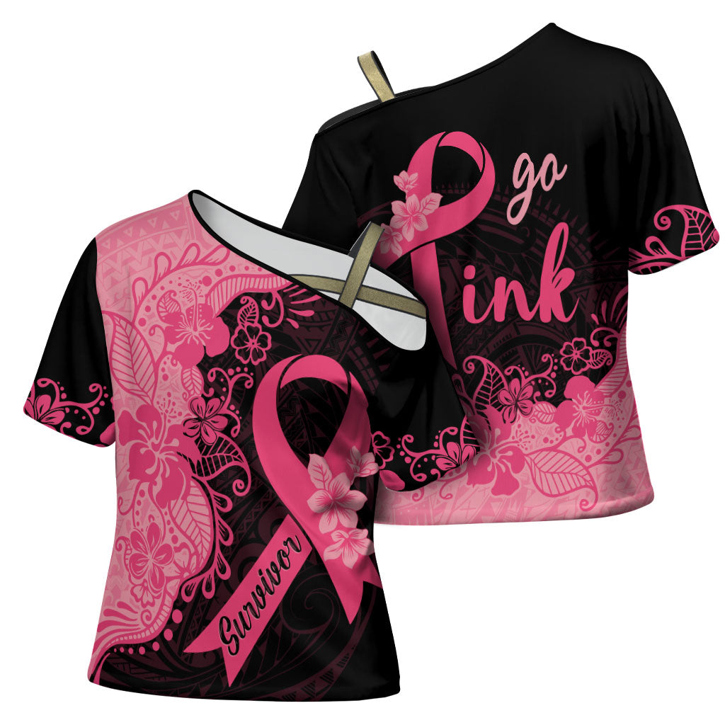 Polynesian Cross Shoulder Shirt Plumeria Breast Cancer Survivor Ribbon Pink