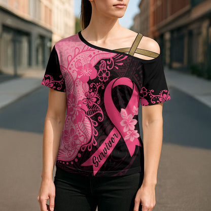 Polynesian Cross Shoulder Shirt Plumeria Breast Cancer Survivor Ribbon Pink
