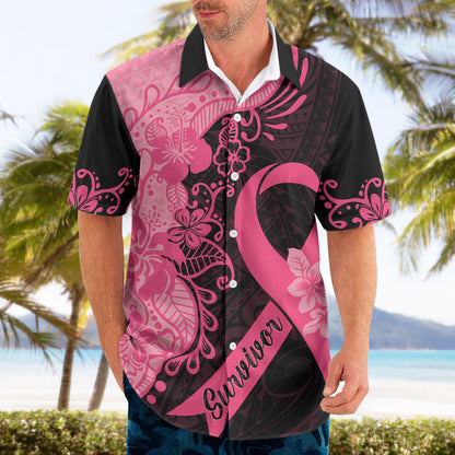 Polynesian Hawaiian Shirt Plumeria Breast Cancer Survivor Ribbon Pink