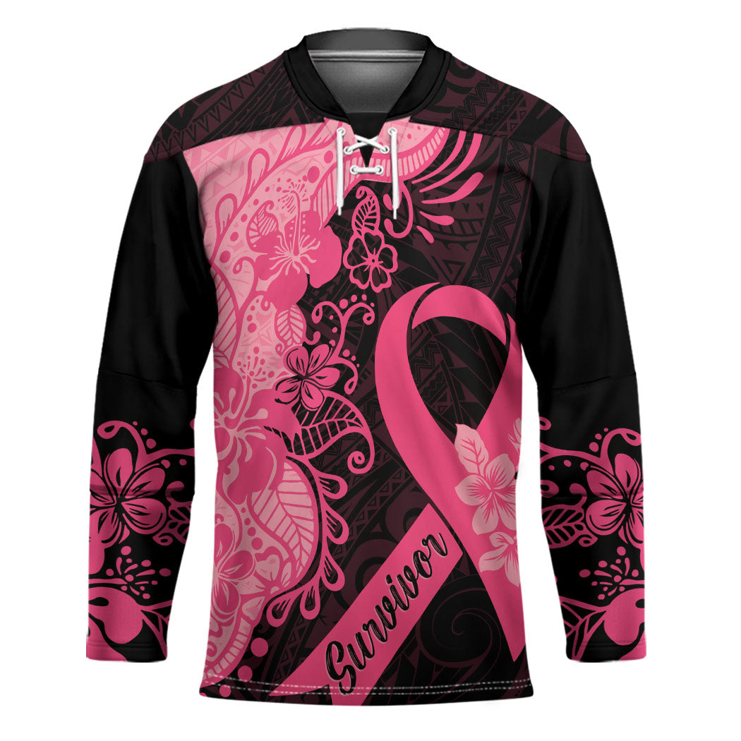Polynesian Hockey Jersey Plumeria Breast Cancer Survivor Ribbon Pink