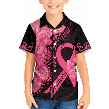 Polynesian Kid Hawaiian Shirt Plumeria Breast Cancer Survivor Ribbon Pink