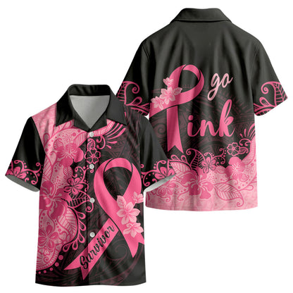 Polynesian Kid Hawaiian Shirt Plumeria Breast Cancer Survivor Ribbon Pink