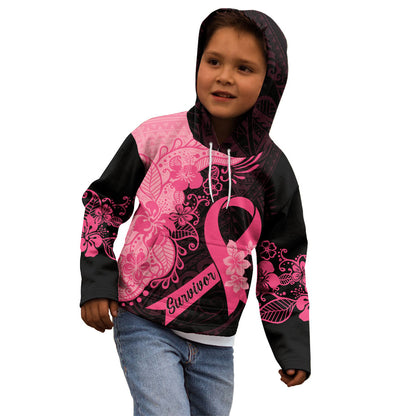 Polynesian Kid Hoodie Plumeria Breast Cancer Survivor Ribbon Pink