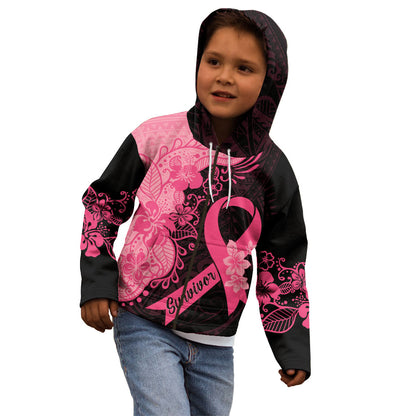 Polynesian Kid Hoodie Plumeria Breast Cancer Survivor Ribbon Pink