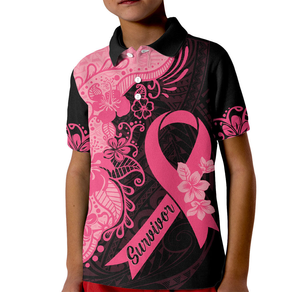 Polynesian Kid Polo Shirt Plumeria Breast Cancer Survivor Ribbon Pink