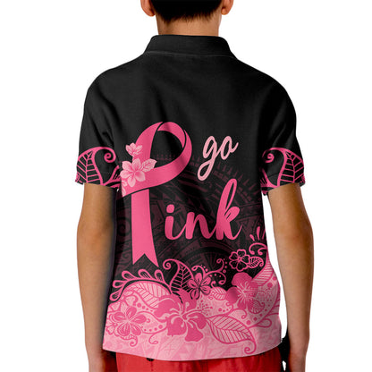 Polynesian Kid Polo Shirt Plumeria Breast Cancer Survivor Ribbon Pink
