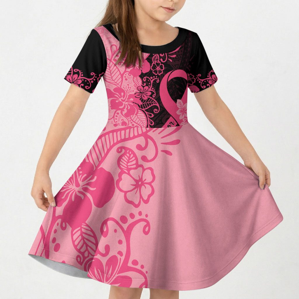 Polynesian Kid Short Sleeve Dress Plumeria Breast Cancer Survivor Ribbon Pink