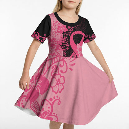 Polynesian Kid Short Sleeve Dress Plumeria Breast Cancer Survivor Ribbon Pink
