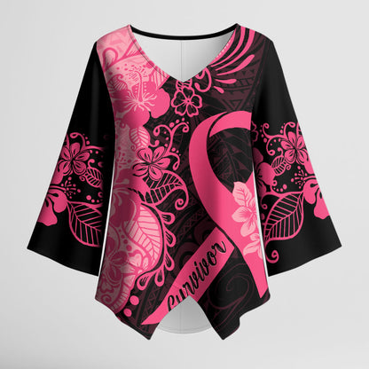 Polynesian Kimono Sleeve Blouse Plumeria Breast Cancer Survivor Ribbon Pink