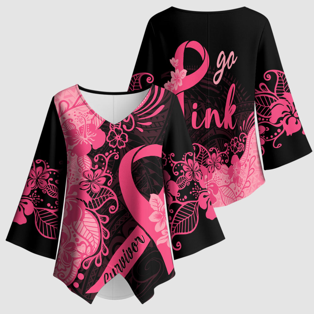 Polynesian Kimono Sleeve Blouse Plumeria Breast Cancer Survivor Ribbon Pink