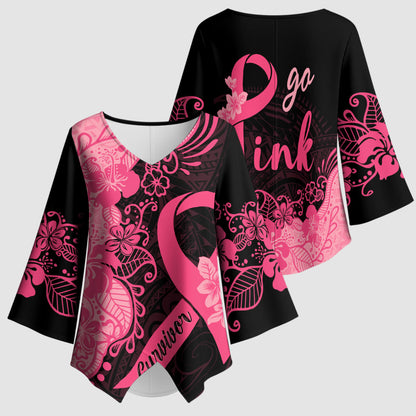 Polynesian Kimono Sleeve Blouse Plumeria Breast Cancer Survivor Ribbon Pink