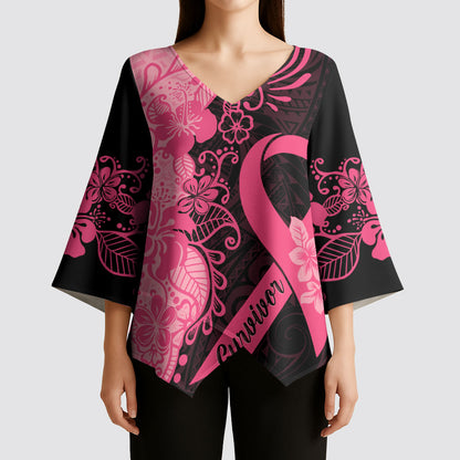 Polynesian Kimono Sleeve Blouse Plumeria Breast Cancer Survivor Ribbon Pink