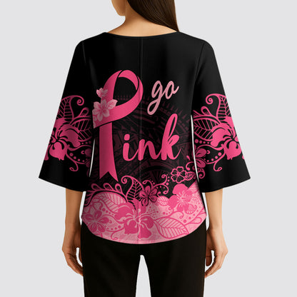 Polynesian Kimono Sleeve Blouse Plumeria Breast Cancer Survivor Ribbon Pink