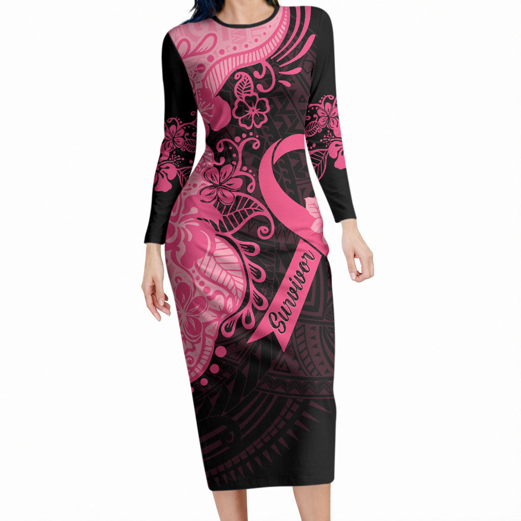 Polynesian Long Sleeve Bodycon Dress Plumeria Breast Cancer Survivor Ribbon Pink