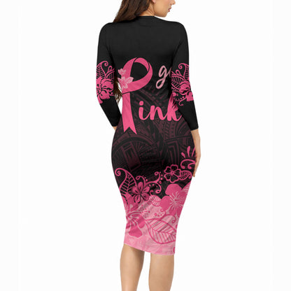 Polynesian Long Sleeve Bodycon Dress Plumeria Breast Cancer Survivor Ribbon Pink