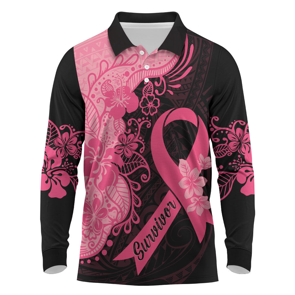 Polynesian Long Sleeve Polo Shirt Plumeria Breast Cancer Survivor Ribbon Pink