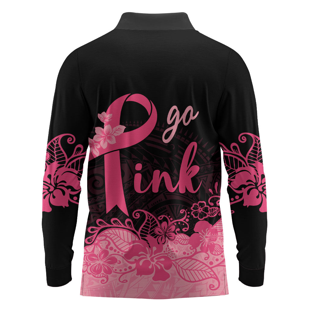 Polynesian Long Sleeve Polo Shirt Plumeria Breast Cancer Survivor Ribbon Pink