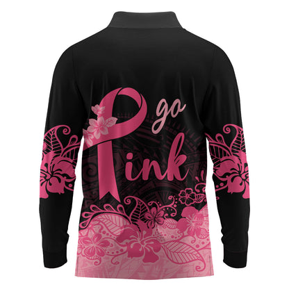 Polynesian Long Sleeve Polo Shirt Plumeria Breast Cancer Survivor Ribbon Pink