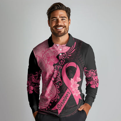 Polynesian Long Sleeve Polo Shirt Plumeria Breast Cancer Survivor Ribbon Pink