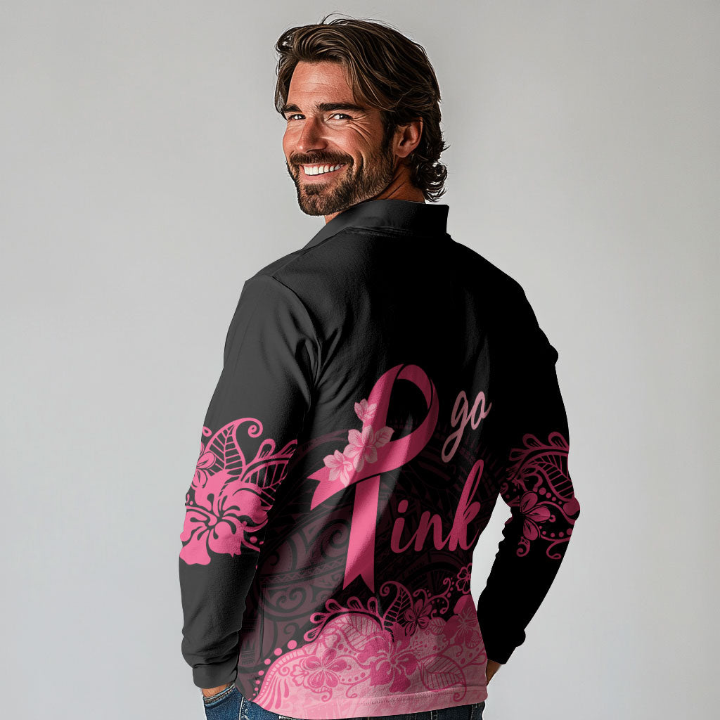 Polynesian Long Sleeve Polo Shirt Plumeria Breast Cancer Survivor Ribbon Pink