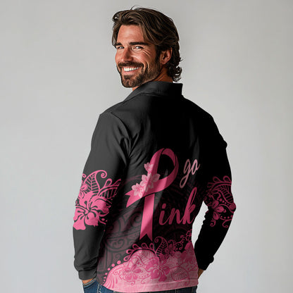 Polynesian Long Sleeve Polo Shirt Plumeria Breast Cancer Survivor Ribbon Pink